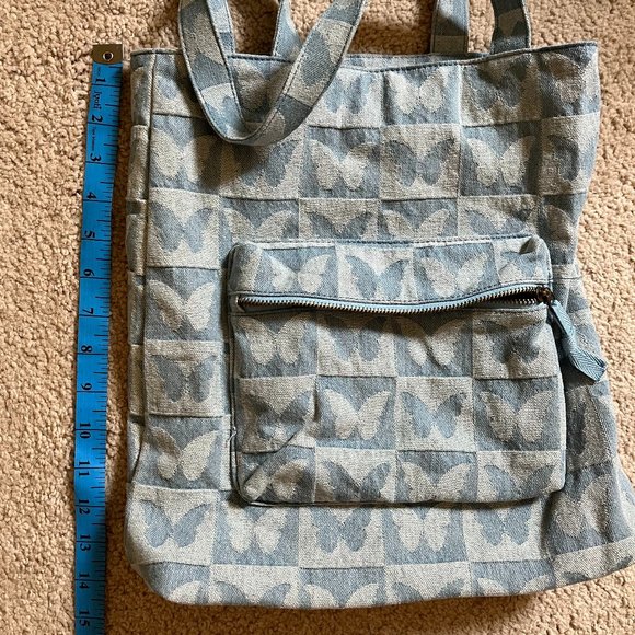 Denim Butterfly Tote Bag, Alternating Patchwork Squares, Zipper Pockets, EUC - Picture 2 of 7